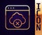 Gold line Failed access cloud storage icon isolated on black background. Cloud technology data transfer and storage