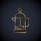 Gold line French press icon isolated on black background. Vector