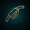 Gold line Gasoline pump nozzle icon isolated on dark blue background. Fuel pump petrol station. Refuel service sign. Gas