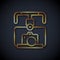 Gold line Gimbal stabilizer with DSLR camera icon isolated on black background. Vector