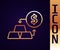 Gold line Gold exchange money icon isolated on black background. Money changer. Vector