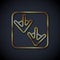 Gold line Goose paw footprint icon isolated on black background. Vector