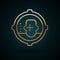 Gold line Headshot icon isolated on dark blue background. Sniper and marksman is shooting on the head of man, lethal