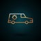 Gold line Hearse car icon isolated on dark blue background. Vector.