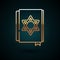 Gold line Jewish torah book icon isolated on dark blue background. Pentateuch of Moses. On the cover of the Bible is the image of