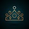 Gold line King crown icon isolated on dark blue background. Vector