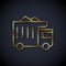 Gold line Large industrial mining dump truck icon isolated on black background. Big car. Vector