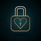 Gold line Lock and heart icon isolated on dark blue background. Locked Heart. Love symbol and keyhole sign. Valentines