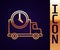 Gold line Logistics delivery truck and clock icon isolated on black background. Delivery time icon. Vector Illustration