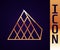 Gold line Louvre glass pyramid icon isolated on black background. Louvre museum. Vector