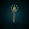 Gold line Magic staff icon isolated on dark blue background. Magic wand, scepter, stick, rod. Vector