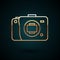 Gold line Mirrorless camera icon isolated on dark blue background. Foto camera icon. Vector Illustration