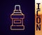 Gold line Mouthwash plastic bottle icon isolated on black background. Liquid for rinsing mouth. Oralcare equipment