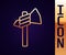 Gold line Native american tomahawk axe icon isolated on black background. Vector