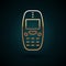 Gold line Old vintage keypad mobile phone icon isolated on dark blue background. Retro cellphone device. Vintage 90s