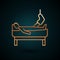 Gold line Patient with broken leg is in the hospital icon isolated on dark blue background. Hospitalization of the