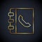 Gold line Phone book icon isolated on black background. Address book. Telephone directory. Vector