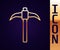 Gold line Pickaxe icon isolated on black background. Vector
