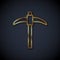 Gold line Pickaxe icon isolated on black background. Vector