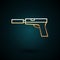 Gold line Pistol or gun with silencer icon isolated on dark blue background. Vector Illustration