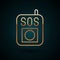 Gold line Press the SOS button icon isolated on dark blue background. Vector