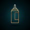 Gold line Sauce bottle icon isolated on dark blue background. Ketchup, mustard and mayonnaise bottles with sauce for