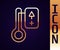 Gold line Sauna thermometer icon isolated on black background. Sauna and bath equipment. Vector