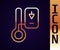 Gold line Sauna thermometer icon isolated on black background. Sauna and bath equipment. Vector