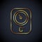 Gold line Sauna thermometer icon isolated on black background. Sauna and bath equipment. Vector