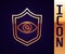 Gold line Shield eye scan icon isolated on black background. Scanning eye. Security check symbol. Cyber eye sign. Vector