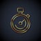 Gold line Stopwatch icon isolated on black background. Time timer sign. Chronometer sign. Vector