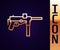 Gold line Submachine gun M3, Grease gun icon isolated on black background. Vector