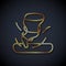 Gold line Tornado icon isolated on black background. Cyclone, whirlwind, storm funnel, hurricane wind or twister weather