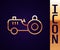 Gold line Tractor icon isolated on black background. Vector