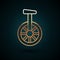 Gold line Unicycle or one wheel bicycle icon isolated on dark blue background. Monowheel bicycle. Vector