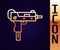 Gold line UZI submachine gun icon isolated on black background. Automatic weapon. Vector