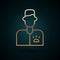 Gold line Veterinarian doctor icon isolated on dark blue background. Vector