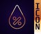 Gold line Water drop percentage icon isolated on black background. Humidity analysis. Vector