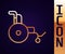 Gold line Wheelchair for disabled person icon isolated on black background. Vector