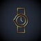 Gold line Wrist watch icon isolated on black background. Wristwatch icon. Vector