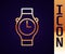 Gold line Wrist watch icon isolated on black background. Wristwatch icon. Vector