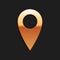 Gold Location icon isolated on black background. Pointer symbol. Navigation map, gps, direction, place, compass, contact