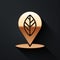 Gold Location pin with leaf inside icon isolated on black background. Long shadow style. Vector.