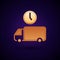 Gold Logistics delivery truck and time icon isolated on black background. Delivery time icon. Vector