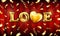 gold Love Valentines heart. Decorative heart background with lot of valentines hearts fly on gold ribbons with confetti on red