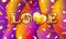 gold Love Valentines heart. Decorative heart colored background with lot of valentines hearts fly on gold ribbons with confetti.