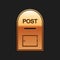 Gold Mail box icon. Post box icon isolated on black background. Long shadow style. Vector