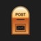 Gold Mail box icon. Post box icon isolated on black background. Long shadow style. Vector