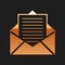 Gold Mail and e-mail icon isolated on black background. Envelope symbol e-mail. Email message sign. Long shadow style