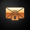 Gold Mail message lock password icon isolated on black background. Envelope with padlock. Private, security, secure